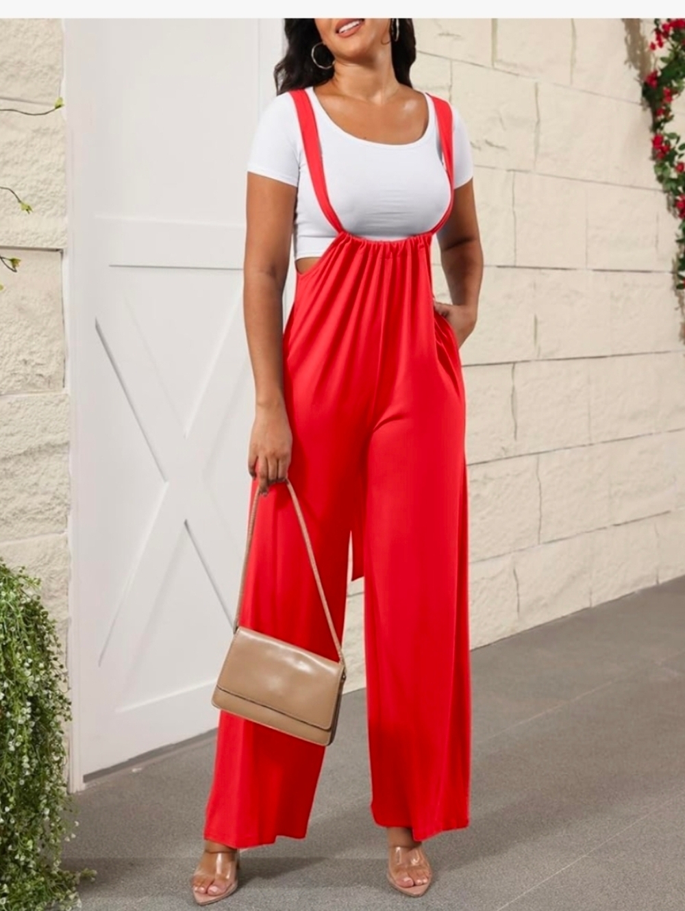 Make OFFER Red Wide-Leg Suspender Jumpsuit